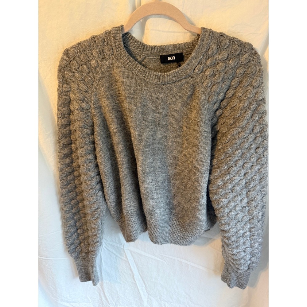 DKNY Womens Gray Bubble Texture Sleeve Raglan Crewneck Knit Sweater Heather Gray